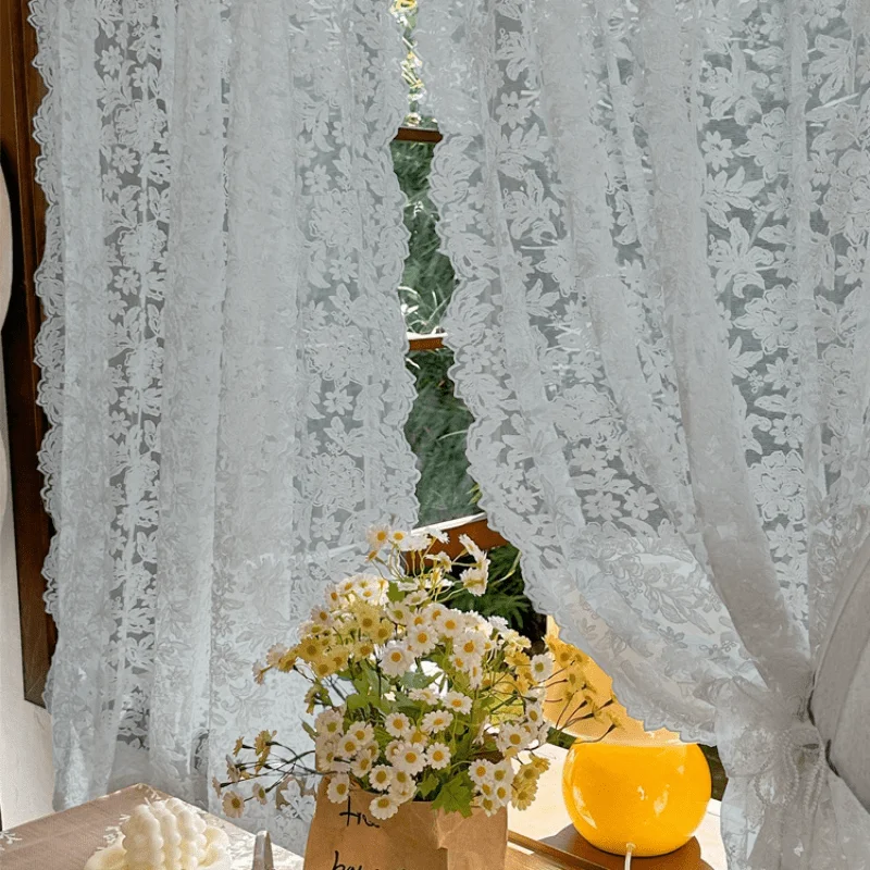 2 Stück französische Retro-elegante Blumenvorhänge, halbtransparente Vorhänge für Wohnzimmer und Schlafzimmer, beige Spitzen-Gaze-Vorhänge