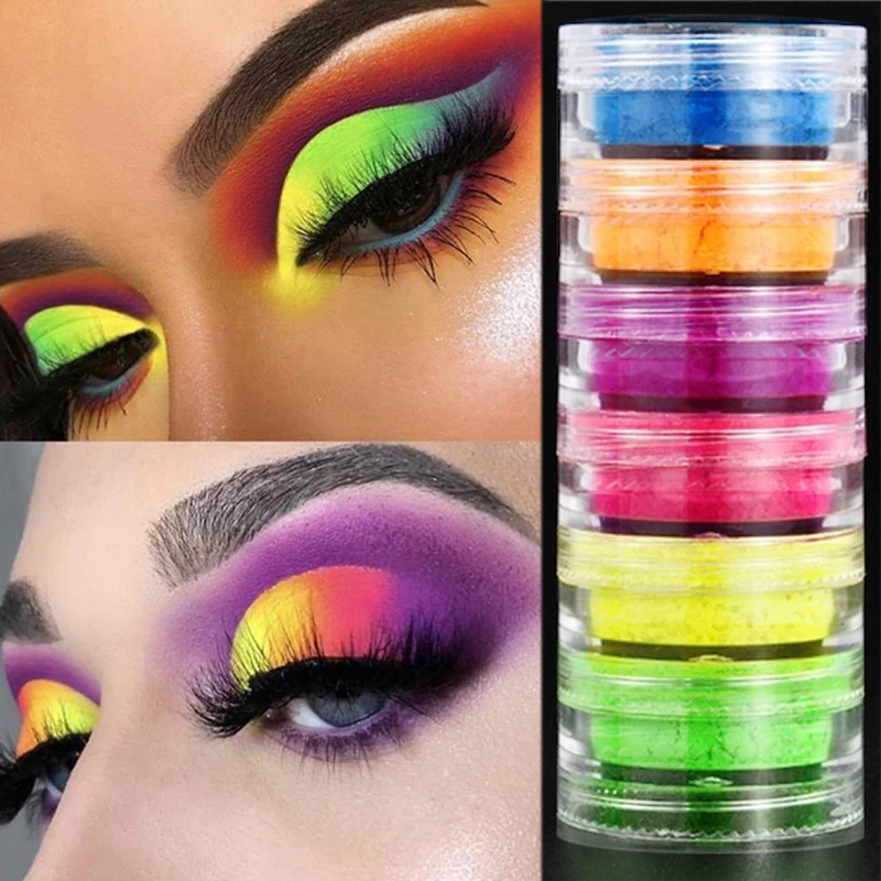 6szt/zestaw Neon Matte Cień Powder Zielony Żółty Fioletowy Fluorescencyjny Wodoodporny Glitter Cień Do Oczu Luminous Pigment Makijaż Pył