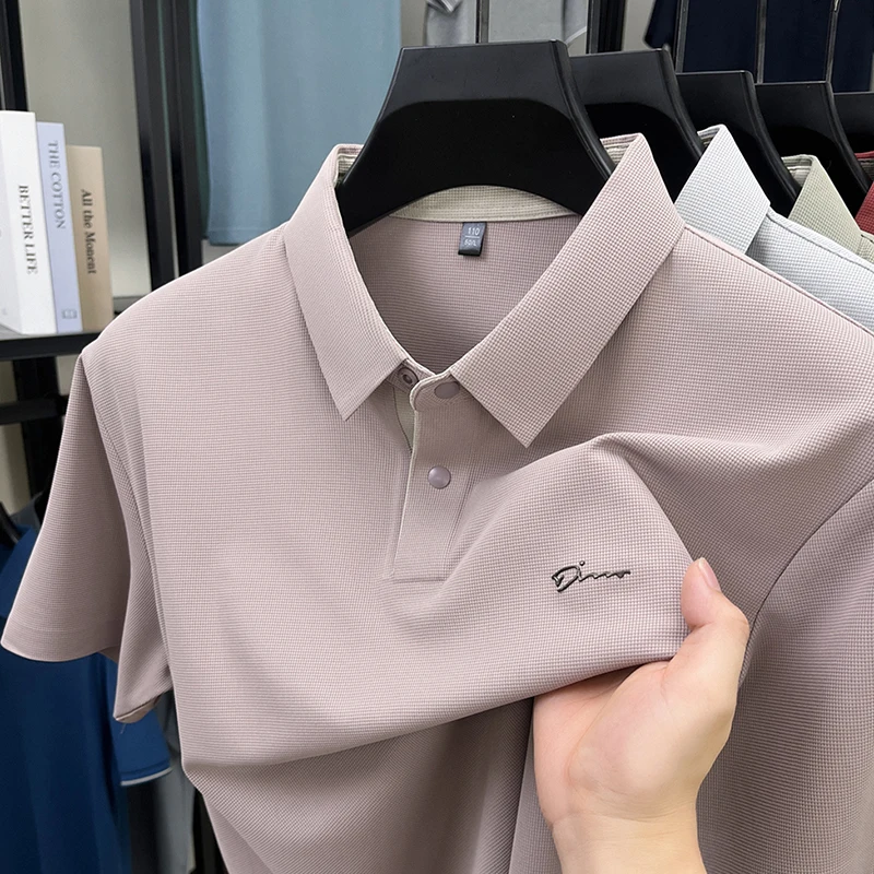 

High quality ice silk breathable short sleeve T-shirt men summer trend fashion brand letter embossed casual business polo shirt