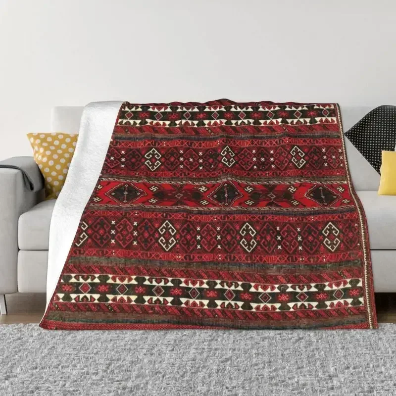 Warm Fleece Throw Blanket  Flatweave Ethnic Art Afghan Kilim Rug for Sofa Bedspread Home Decor