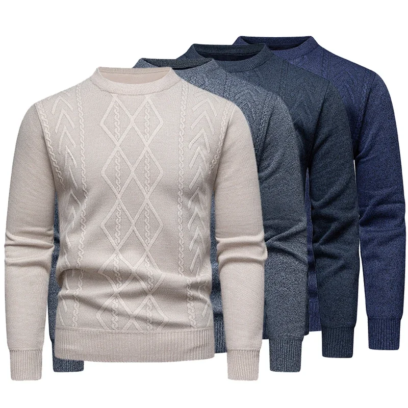 2025 nuevo suéter Casual para hombre, suéter tejido de manga larga con cuello redondo, Top versátil de moda con patrón de diamante