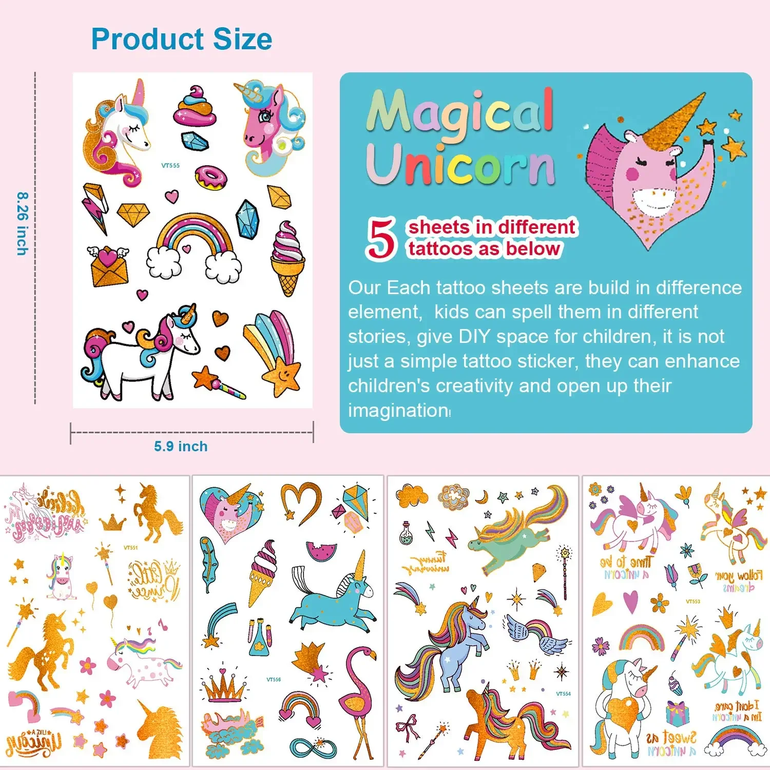 5pcs Gold Unicorn Temporary Tattoo Sticker Cartoon For Kids Face Children Body Fake Tattoo Party Makeup Waterproof Face Stickers