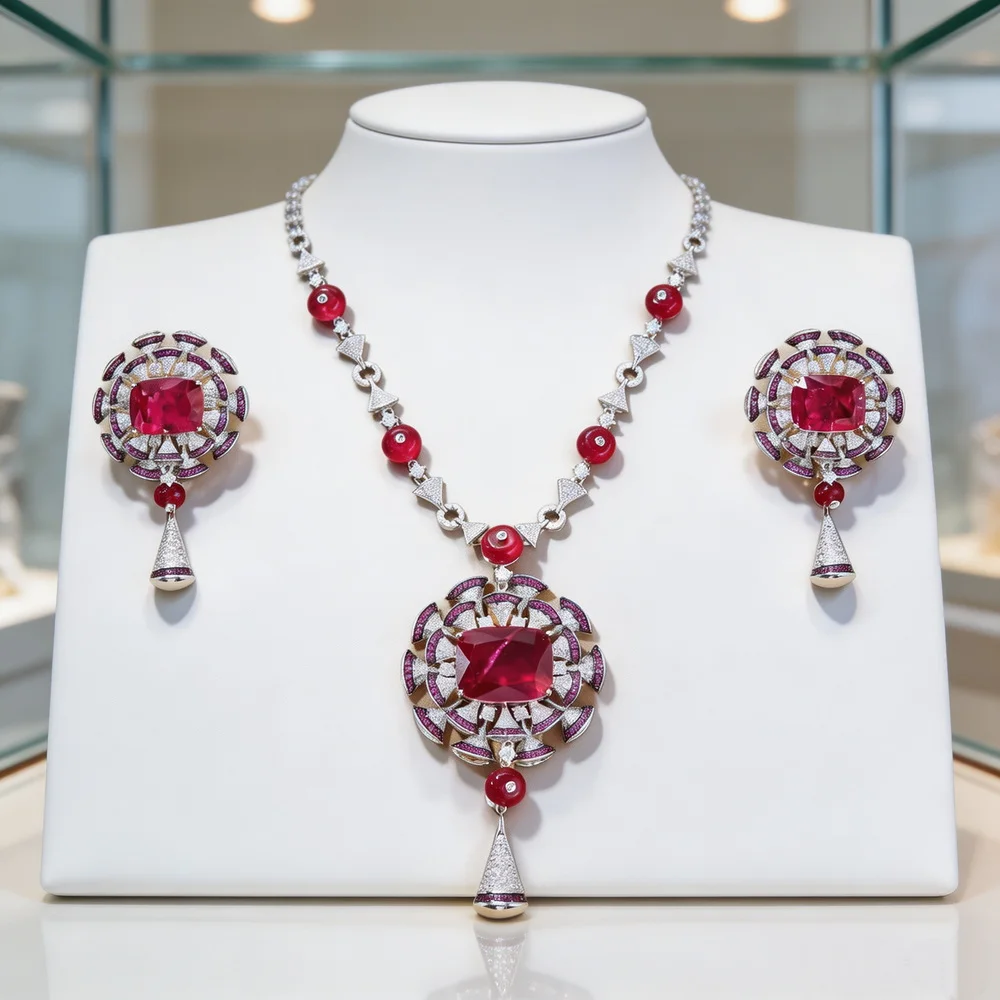Vintage Fashion Necklace Earrings Women Lady Inlay Cubic Zircon Double Decker Fan-Shaped Pendant Beads Chain Party Jewelry Sets