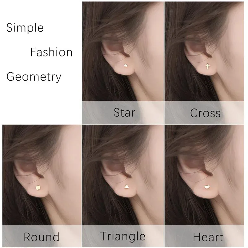 Trustdavis Genuine 925 Sterling Silver Gold Triangle Heart Star Cross Round Stud Earrings For Women Silver 925 Jewelry ED395