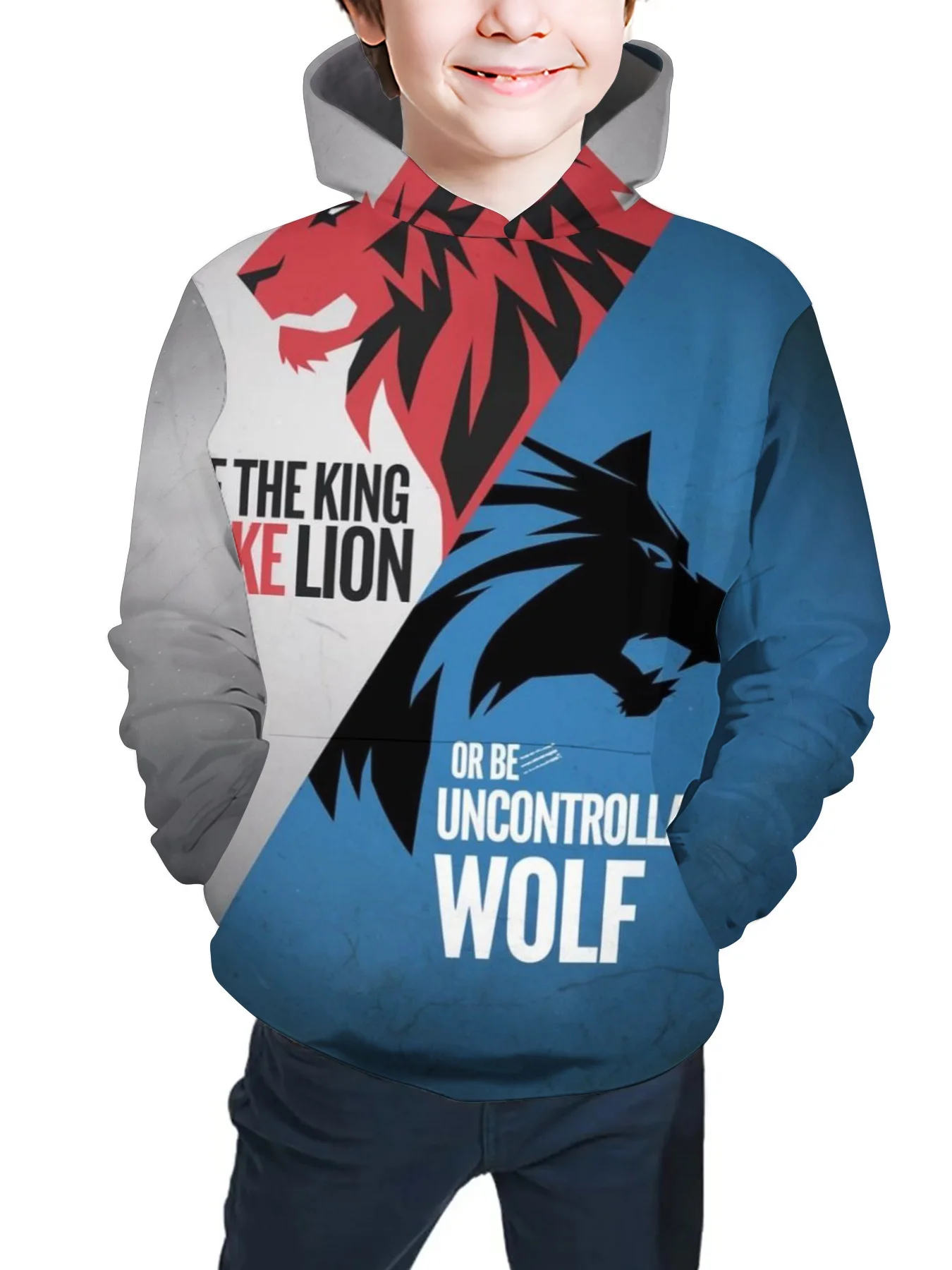 

Boys' Fashionable Hooded Sweatshirt with Tiger Wolf Print, Casual and Comfortable, Made of Elastic Fabric,