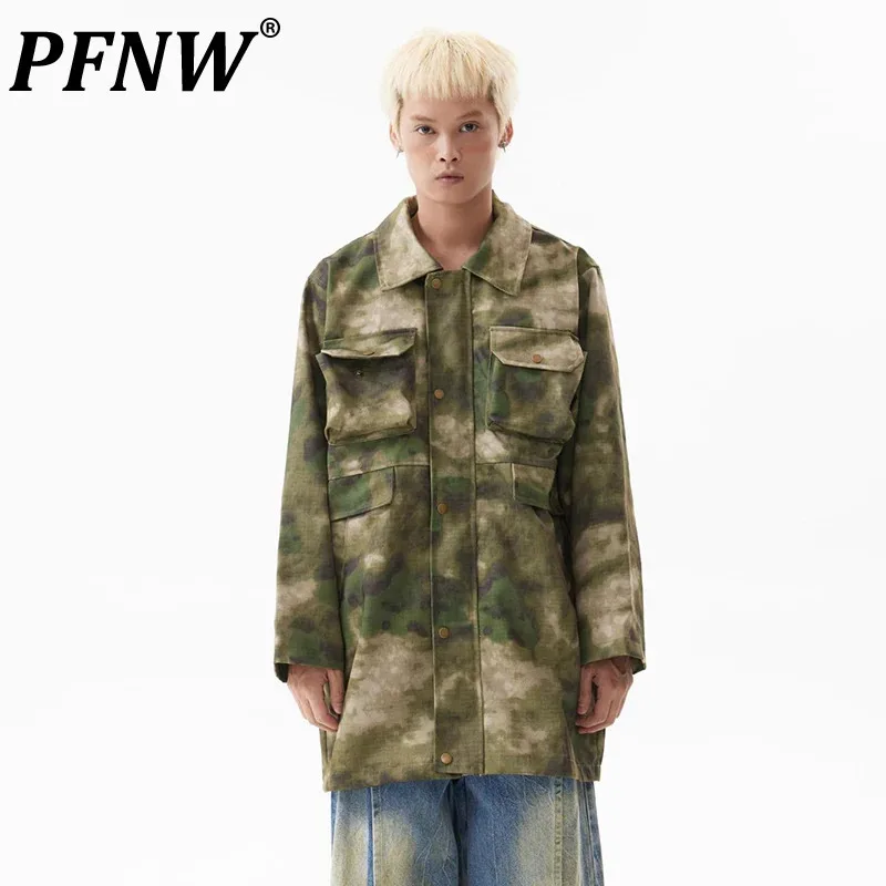 

PFNW American Camouflage Multi Pocket Mid Length Jacket Men's Vintage Lapel Streetwear Hip Hop Top Men 2024 Autumn Trend 28W4750