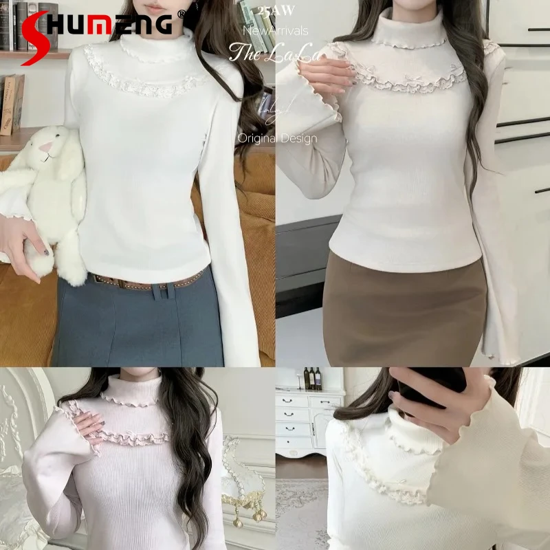 

Japanese Lolita Autumn Winter Bottoming Shirt Women's Versatile Knitted Stretch Inner Wear Small High Neck Knitted Tees Pullover