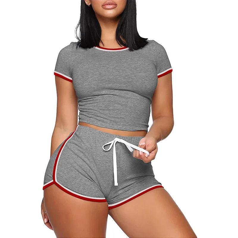 

Summer Women's Solid Color Splicing Short-sleeved Casual Two-piece Set Fashion Sports Running Short-sleeved Shorts Set