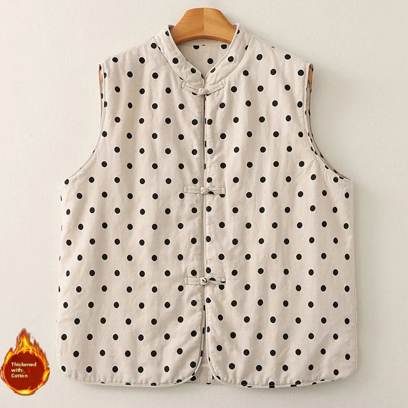 

Winter New Sle Chinese Retro Cotton Linen Svel Vest with Button round Dot Open Cardigan Top Women's Faion