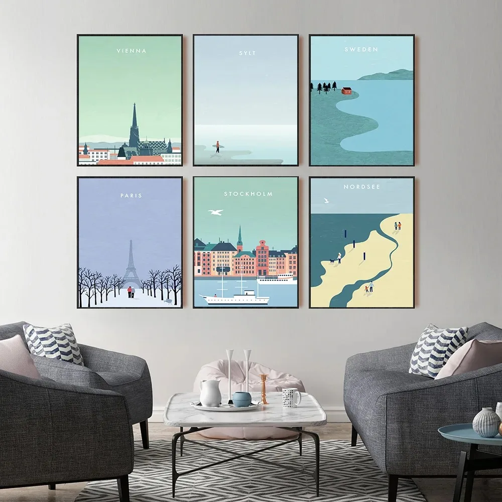 (2D canvas painting) Paris Nordsse Sweden Stockholm Sylt Modern Minimalist Cartoon Travel City Poster Print Painting Canvas A