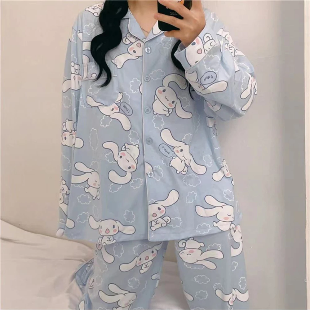 Autumn Women Long-sleeved Pajama Sets Cute Rabbit Print Button Sleepwear Homewear Female Pyjamas Loungewear Nightwear