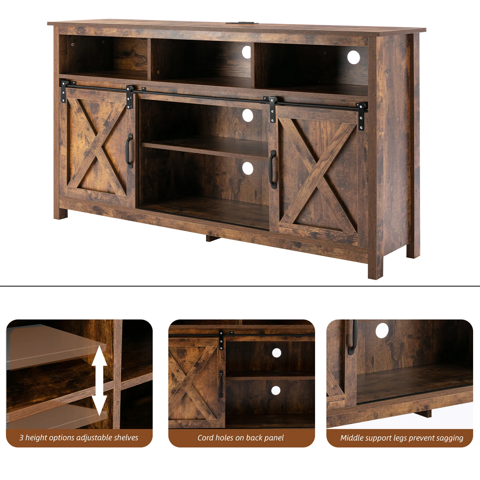 TV Stand Farmhouse Coffee Bar Cabinet Rustic Sliding Barn Door Storage Cabinet with Power Outlet & LED Light, 57