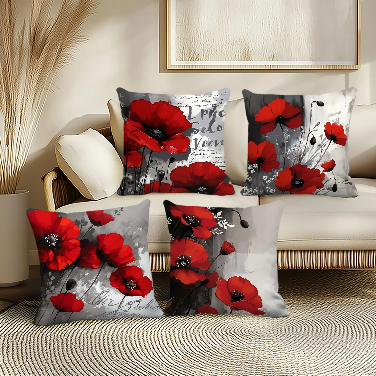 4Pcs Poppy Flower Pillow Covers, Modern Black Red Floral Art Cushion Cases for Bedroom Living Room Cozy Elegant Home Decor
