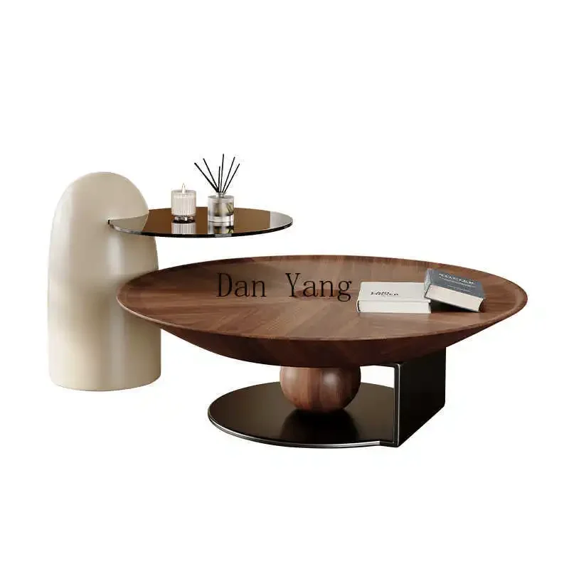 YJ wabi-sabi wind round walnut coffee table combination light luxury living room home coffee table medieval high-end sense