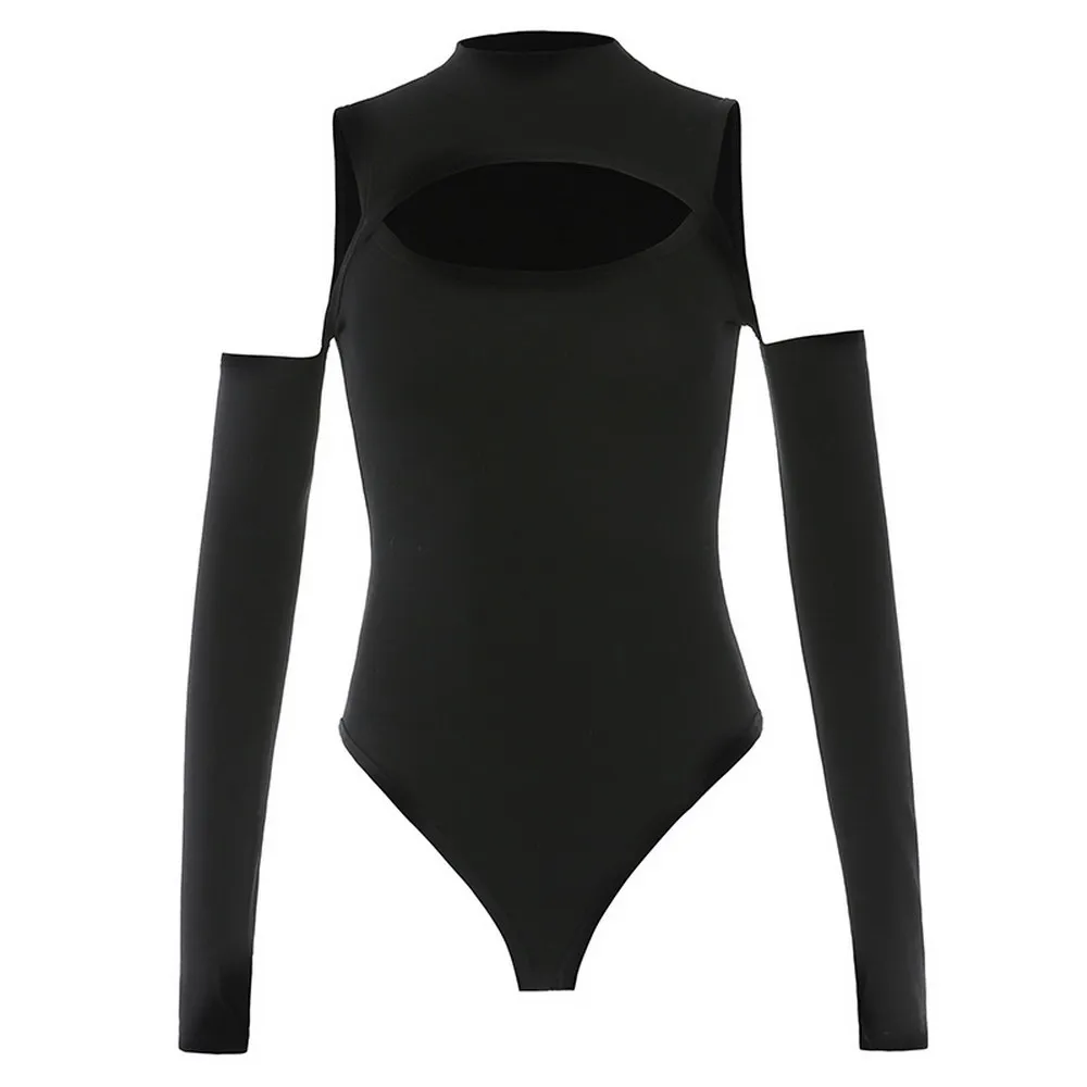 

Women's Cyber Y2k Off Shoulder High Neckline Cut-out Long Sleeve Bodysuit Black Ladies Outfits