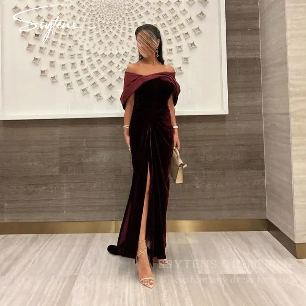SSYTENS 高級ベロアイブニングドレス女性ボートネックフォーマルな機会シャーリングサイドスリットウェディングパーティーロングウエディングドレスカスタマイズ