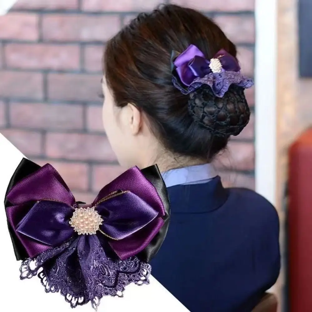Elegant Pearl Bowknot Spring Clip Ribbon Korean Style Hair Net Cover Headwear Rhinestone Bun Snood Bank - view 3