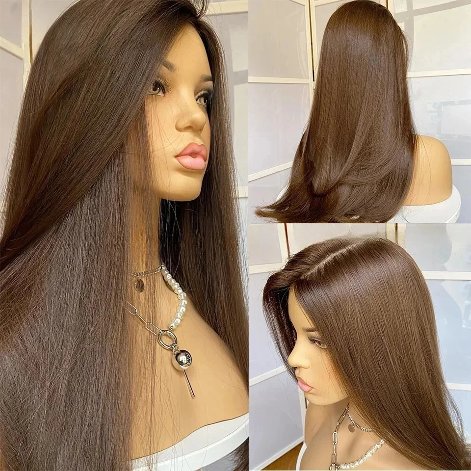 ブラウンロングシルキーストレートグルレスレースフロントウィッグ女性用180密度ナチュラルヘアライン合成ウィッグ日常使用用
