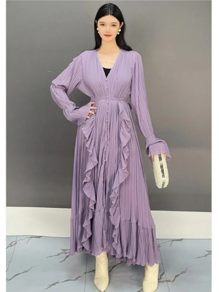 Vefadisa 2024 Autumn New Lavender Women Dresses V-neck Long Sleeve Waist Swing Dress Temperament Fashion Elegant Dress  ZXY1129A