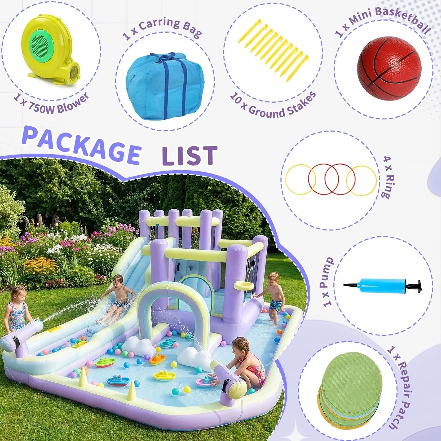 Inflatable Bounce House with Rainbow Arch and Extra Long Water Slide | Outdoor Bouncy Castle, Included 750W Blower, Splash Pool, view 5