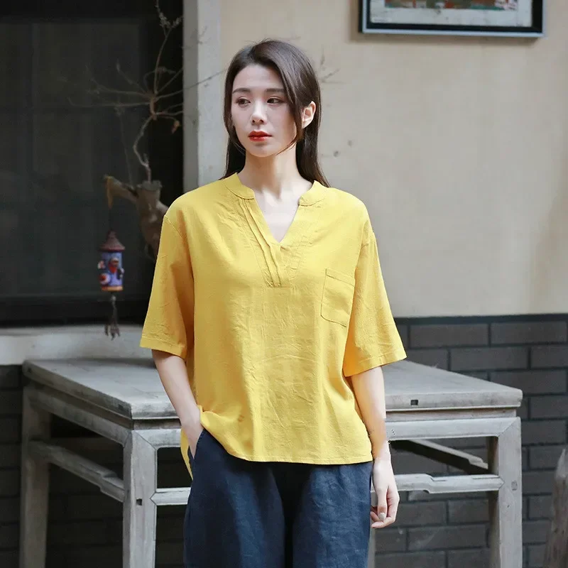 

Summer Ethnic Cotton Linen Tshirt Women Retro Loose V-neck Short Sleeve Ladies Cute Yellow T-shirt Loose Vintage T Shirt Female