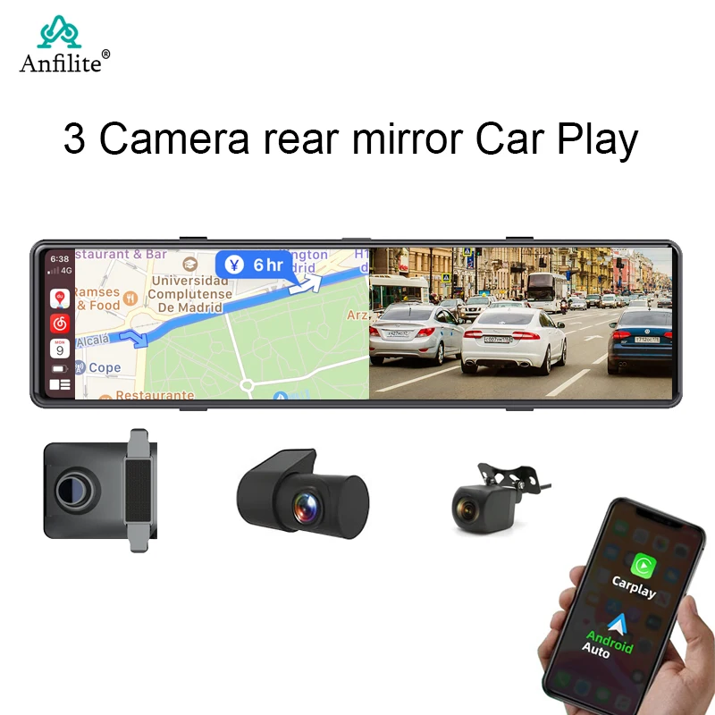 

11" 3 Cameras Car Mirror Dash Cam Carplay & Android Auto GPS Bluetooth WIFI Rear Camera Video Recorder 2.5K Car DVR