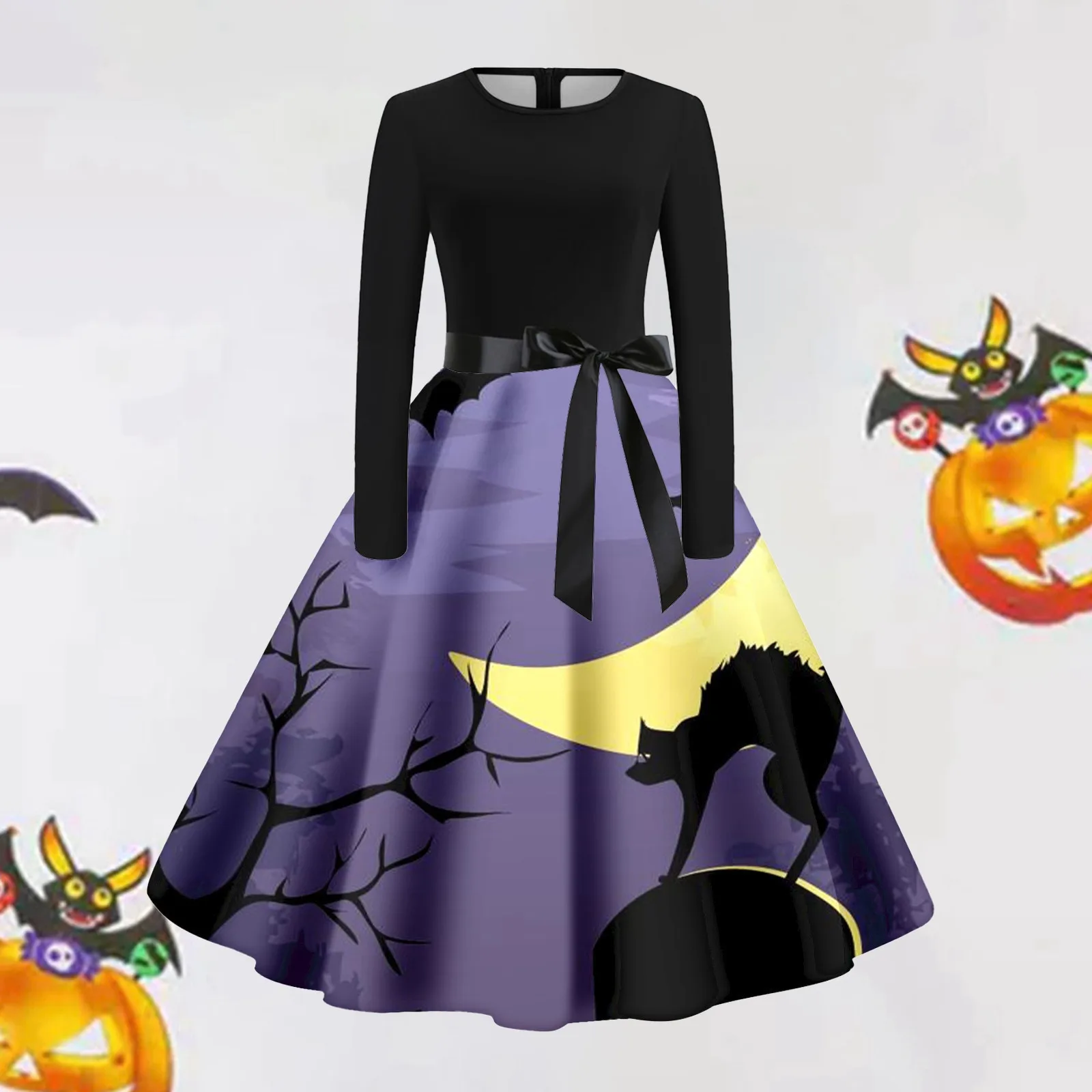 

Женское платье-миди с забавным принтом, круглым вырезом и длинным рукавом