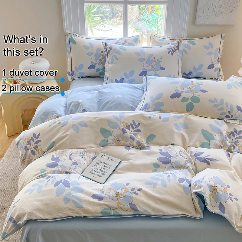 100% Cotton Floral Duvet Cover Set with 2 Pillowcases, Soft Breathable Blue Large Flower Print Quilt Cover Set , Bedding Set