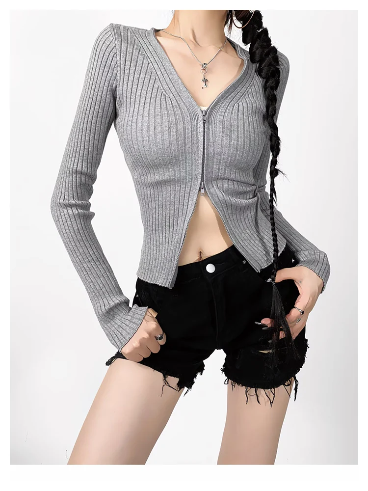 Yedinas Double Zipper Knitted Tops Long Sleeve V Neck T Shirt Women Slim Sexy Korean Fashion Spring Tshirts Chic Tee Shirt Femme