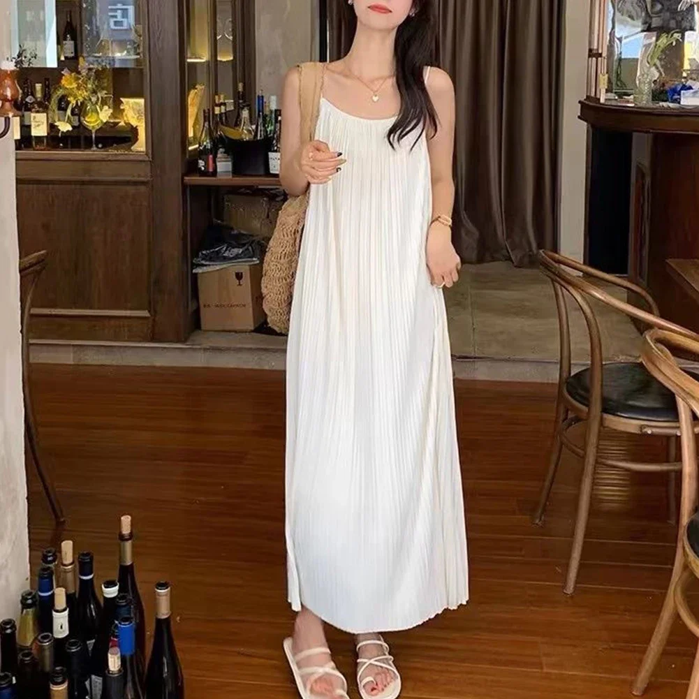 Artesanía de calidad, ajuste relajado, estilo de manga, ropa interior, sin esfuerzo, estilo perezoso, vestido con tirantes para mujer plisado