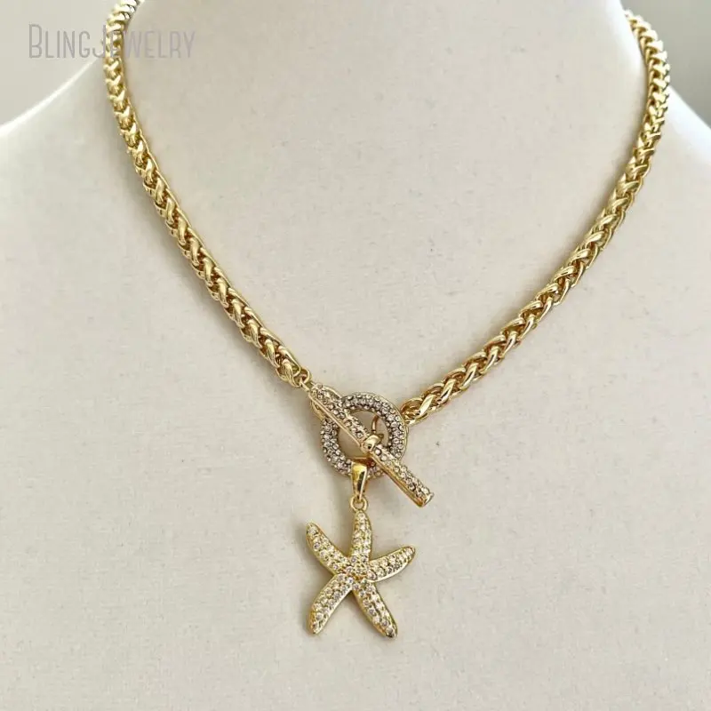 10pcs Stainless Steel Choker Gold Color Necklace CZ Starfish Pendant  Toggle Clasp Wheat Rope Chain Aesthetic Ocean Jewelry