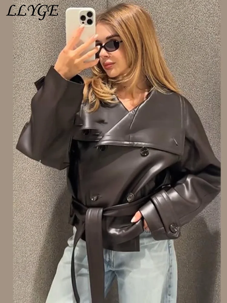 Street Women's Cropped Leather Jackets With Belt Lapel Double Breasted Pockets Long Sleeve Coat 2025