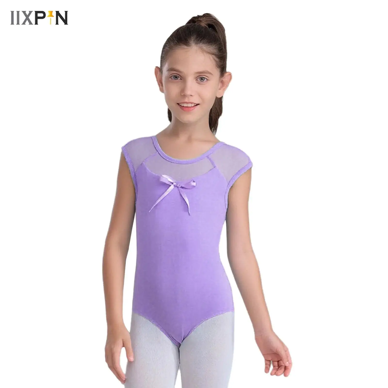 

Kids Girls Ballet Dance Costume Bow Knot Cutout Back Round Neck Sleeveless Sheer Mesh Patchwork Leotard for Ballet Competition