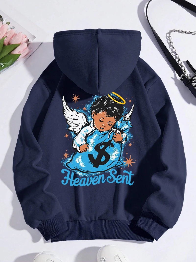 

Autumn Womans Hoodies Heaven Sent Manga Angel Printing Pullovers Loose Pocket Fleece Comfortable Sweatshirts Fashion Clothing