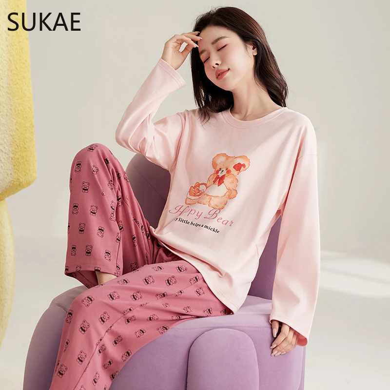 SUKAE Cute Cartoon Loungewear Women Autumn Spring Woman Pajama Set Pullover Long Sleeves Girl Nightwear Homesuit Mujer Sleepwear