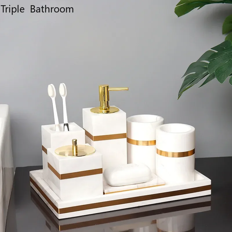 

Bathroom Marble Toiletry Set Lotion Bottle Gargle Cup Soap Dish Toothbrush Holder Cotton Swab Box Tray Tissue Box Accessories