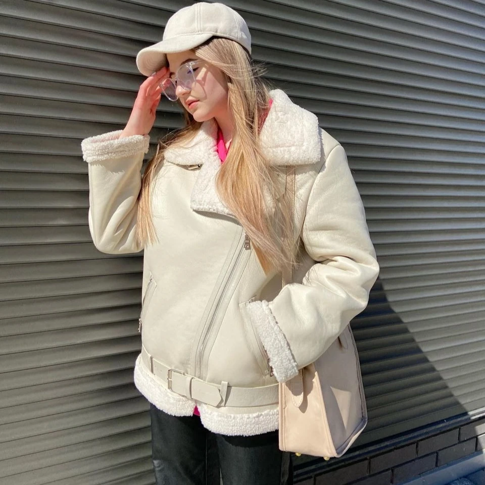 سترة Oligai شتوية دافئة سميكة من الفرو الصناعي للنساء بسحاب لراكبي الدراجات النارية معطف فاخر أبيض سميك ملابس خارجية