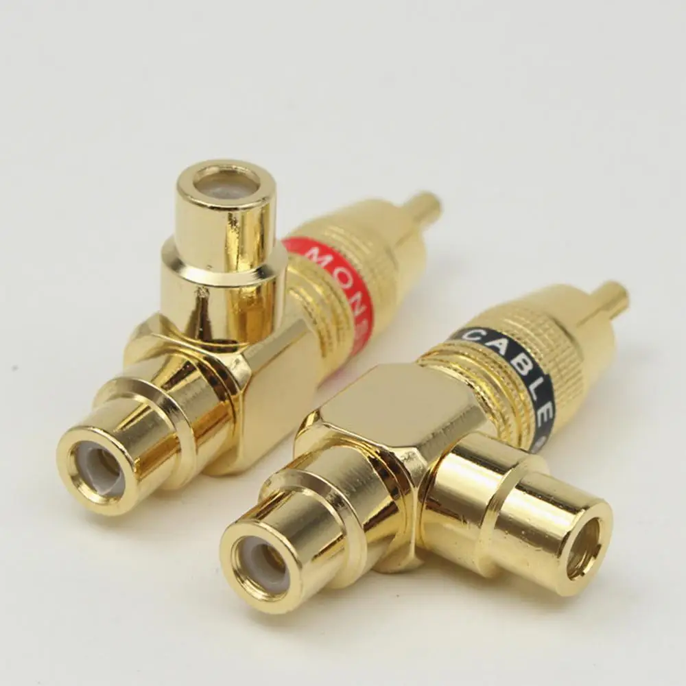 2 Pcs Copper Audio Splitter Plug RCA 1 Male To 2 Female AV Socket Connector Adapter