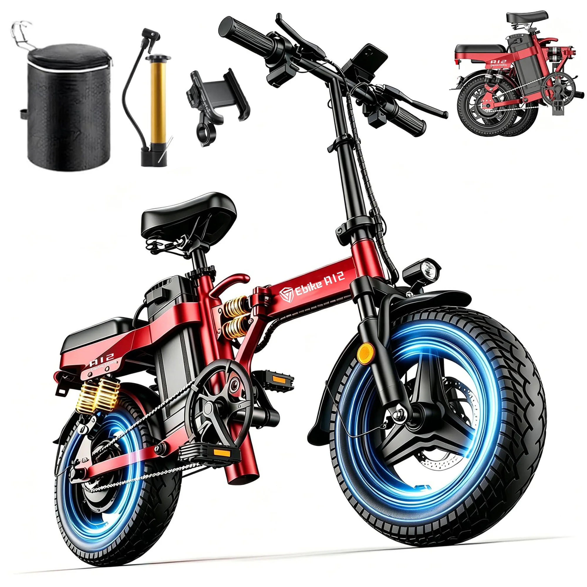 DTTZH A12S Folding Electric Bike for Adults, 14" Commuter E-Bike, 2000W Peak Motor, 52V 25Ah Removable Battery, 80 Miles Range, Remote Start, UL 2849 Certified image 3