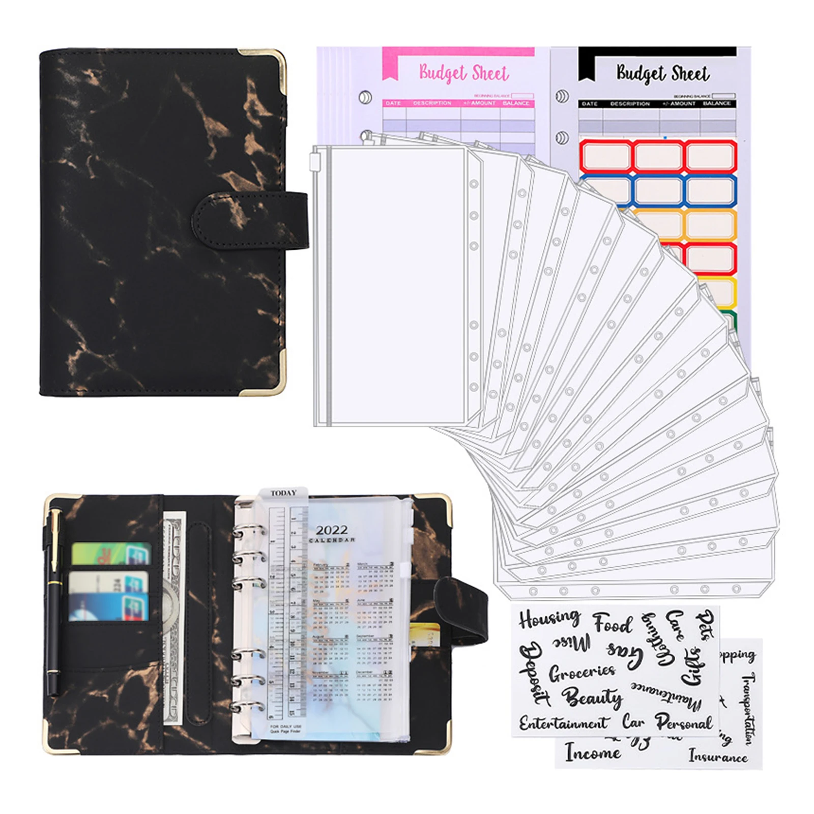 A6 Budget Binder with Marble Texture Pattern PU Leather Notebook Cover Zipper Envelopes Lable Stickers Ruler as Money Organizer