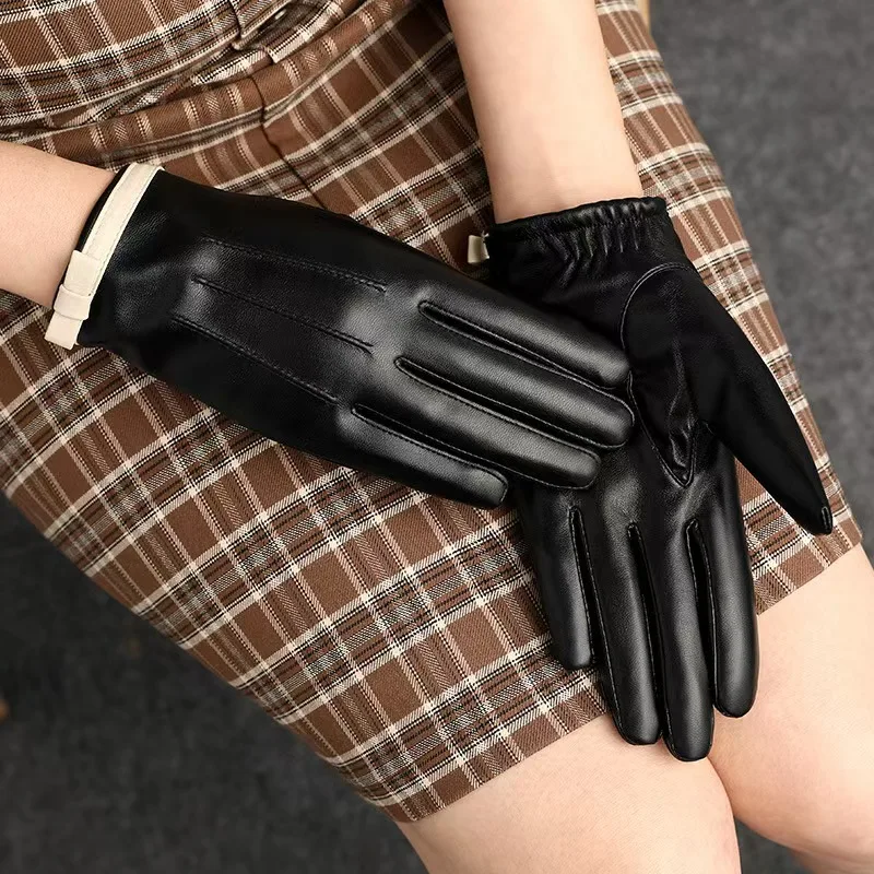 Black Simple Women Gloves Lambskin Leather Driving Gloves Fashion Bow Riding Fall Windproof Winter Warm Comfortable Gloves