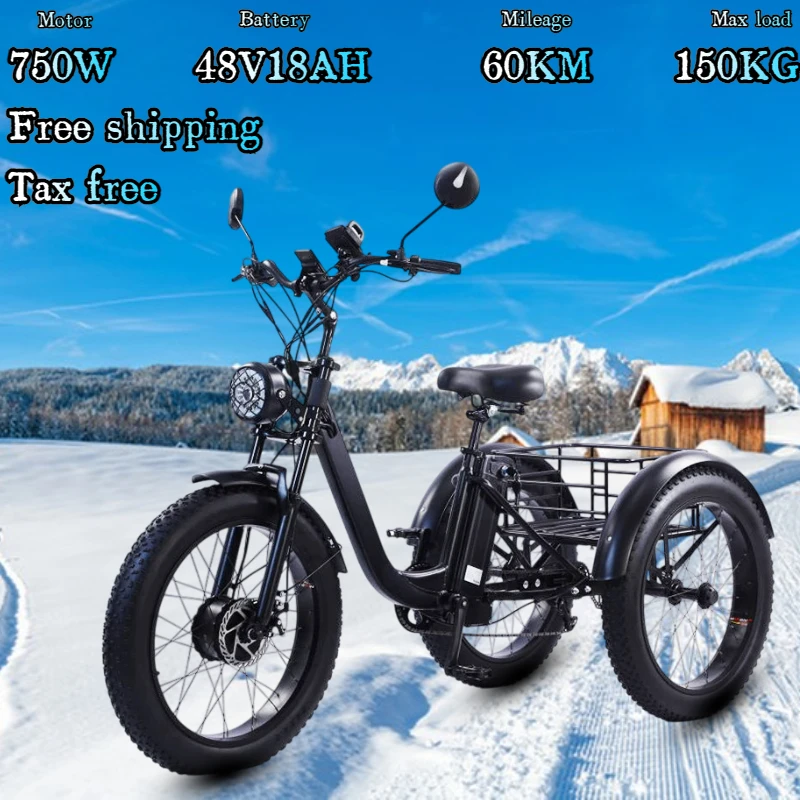 New 3-Wheeled Electric Bicycle 750W Motor 48V 15AH 20*4.0 Fat Tire Adult Snow E-Bike With Storage Basket Freight Electric Bike