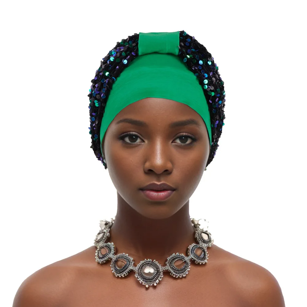 Sequins Turban Cap for Women African Headtie Female Wrap Head Bonnet Muslim Turban Hat Hijab Head Wraps Already Made Auto Gele