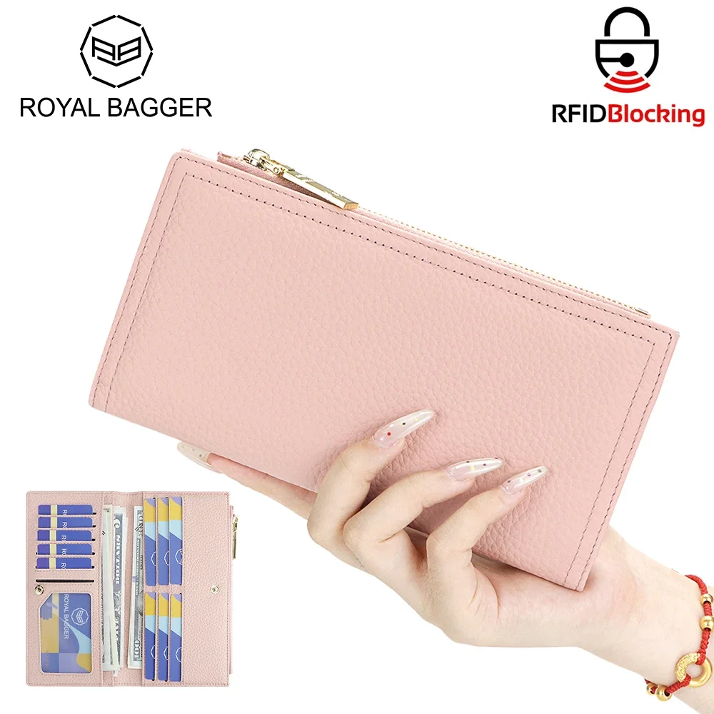 Royal Bagger Genuine Leather Thin Long Wallet, RFID Blocking Multi-card Slots Card Holder, Zipper Coin Purse for Daily Use 1909