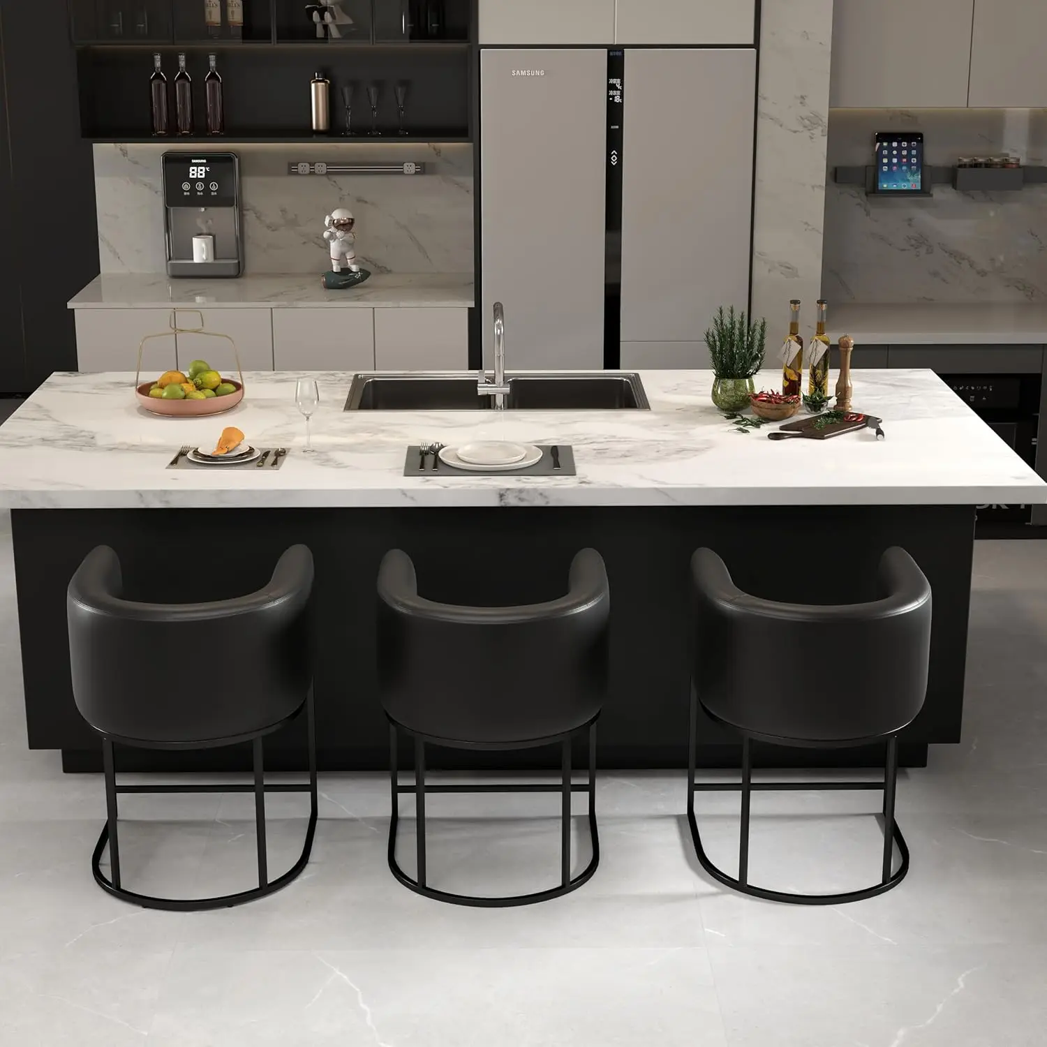 Modern Barrel Counter Height Clearance Bar Stools Set 4, PU Leather Kitchen Barstools