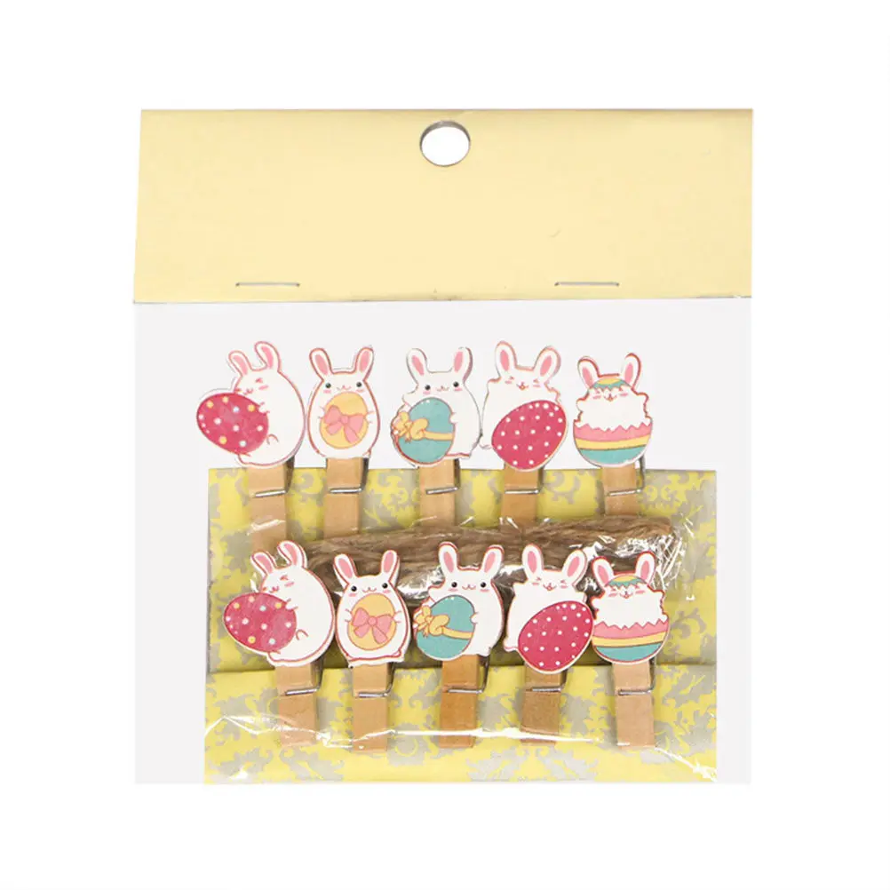 20Pcs Cartoon Rabbit Photo Clips Wooden DIY Clips Bright Color Wooden Clamps for Easter Party Birthday Decoration Hemp Rope