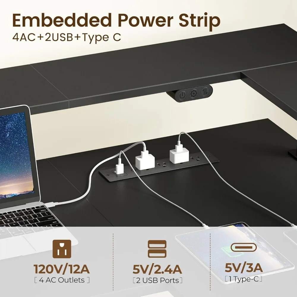 Mesa de pé em forma de L com luz LED e tomada de energia, mesa de pé elétrica com altura ajustável de motor duplo com suporte para monitor