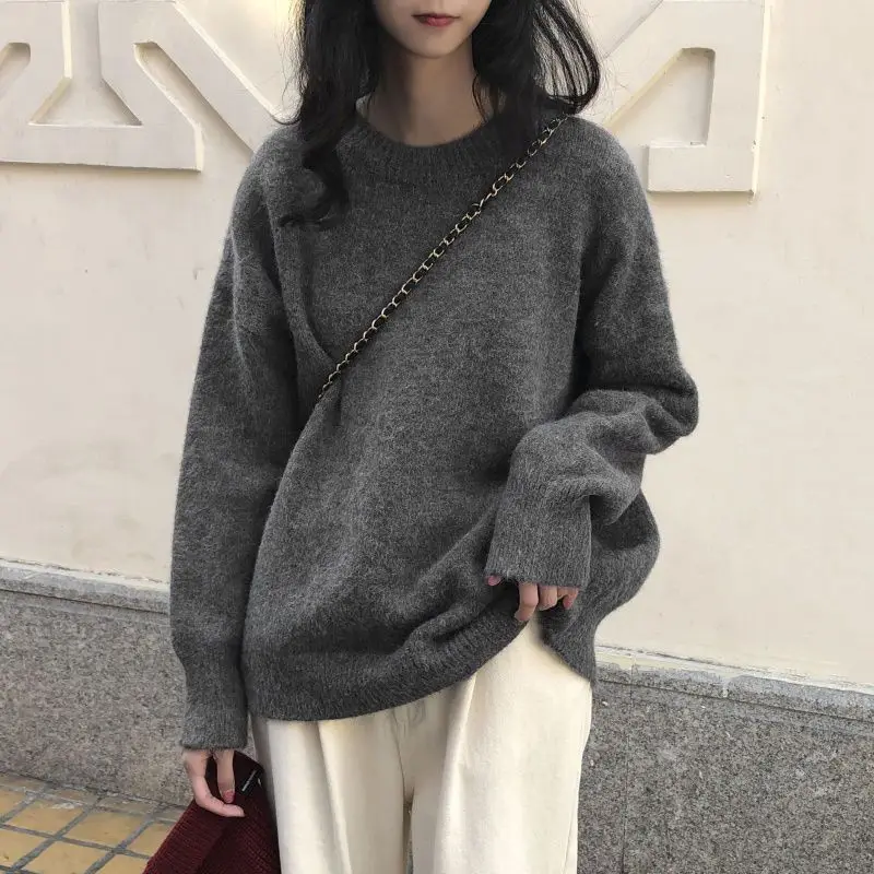 Fashion O-Neck Solid Color Loose Casual Sweaters Female Clothing 2023 Winter New Oversized All-match Pullovers Korean Warm Tops