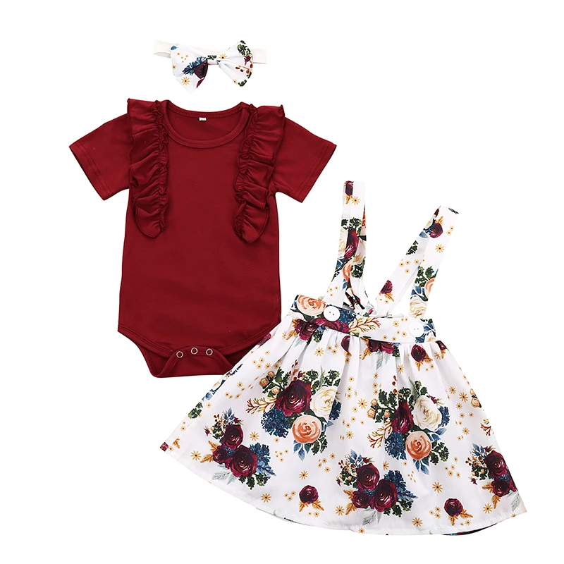 Newborn Baby Girl Infant Clothes Set Ruffle Short Sleeve+Floral Skirt+Bowknot Headband Summer Lovely 3Pcs Outf Toddler Clothing