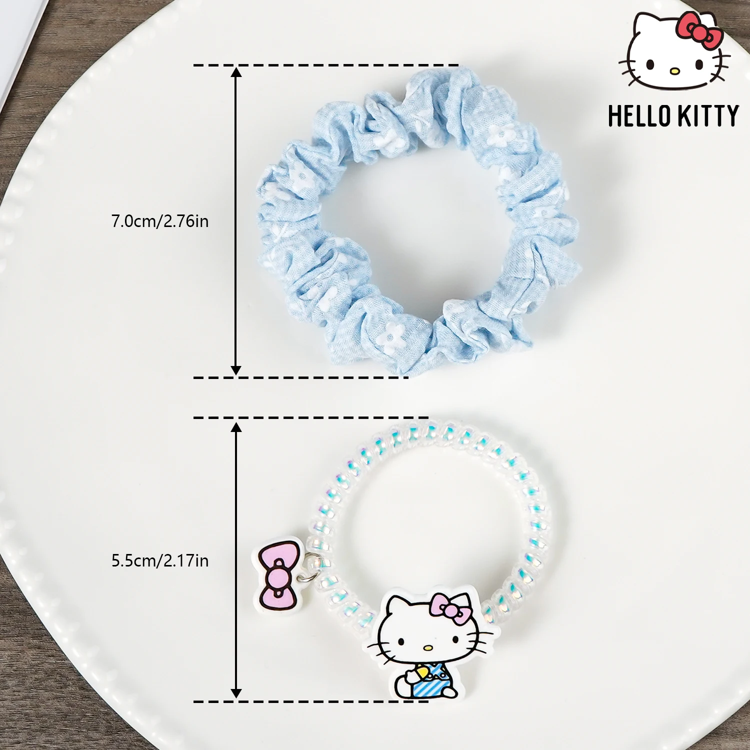 2pcs Hello Kitty Y2K Hair Tie Set – Metallic Coil & Soft Blue Scrunchie Combo, Retro Plaid Hair Loop, Color Matching Design